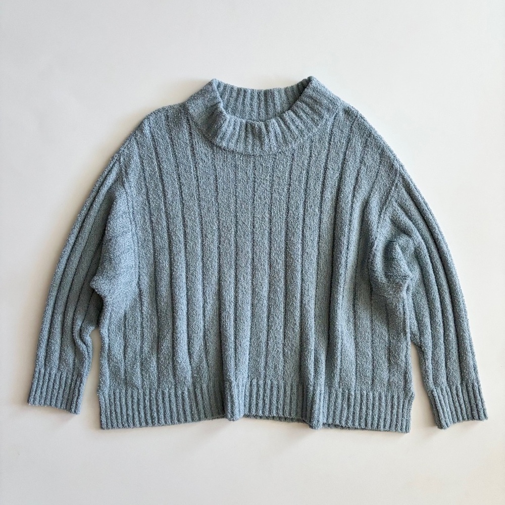 Eileen Fisher Sweater Organic Cotton Fluff Frost Blue Turtleneck Rib 1X